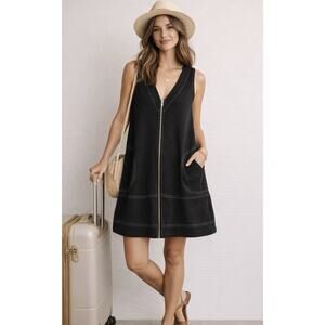 Entro Sleeveless Zip Front Dress M Black A-Line Textured Knit Pockets Stretch